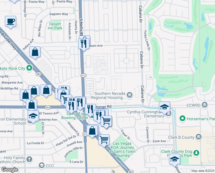 map of restaurants, bars, coffee shops, grocery stores, and more near 75 South General Bragg in Las Vegas