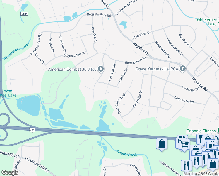 map of restaurants, bars, coffee shops, grocery stores, and more near 275 Post Oak Road in Kernersville