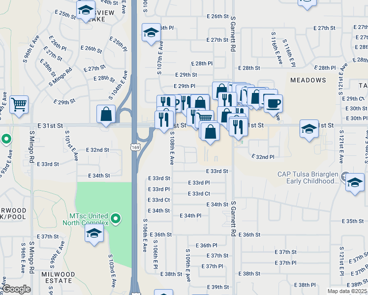 map of restaurants, bars, coffee shops, grocery stores, and more near 3147 South 108th East Avenue in Tulsa
