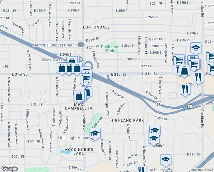 map of restaurants, bars, coffee shops, grocery stores, and more near 3206 South Darlington Avenue in Tulsa