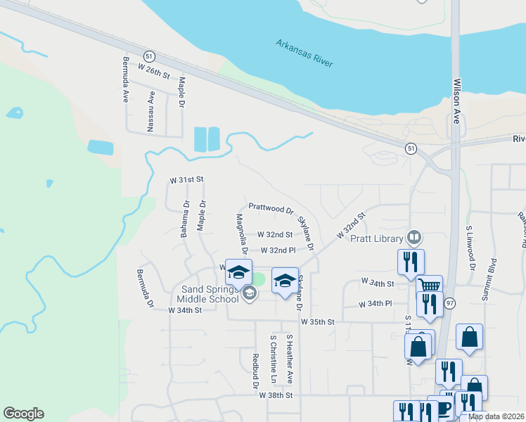 map of restaurants, bars, coffee shops, grocery stores, and more near 320 Redbud Court in Sand Springs