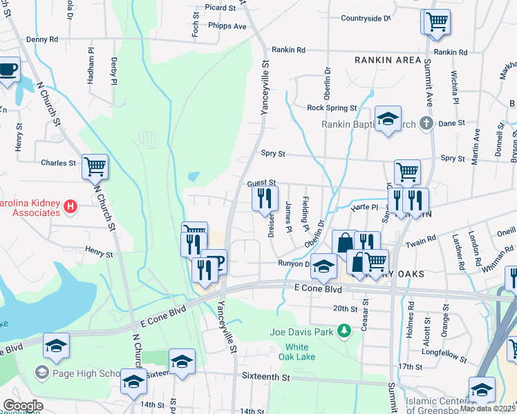 map of restaurants, bars, coffee shops, grocery stores, and more near 3223 Dreiser Place in Greensboro