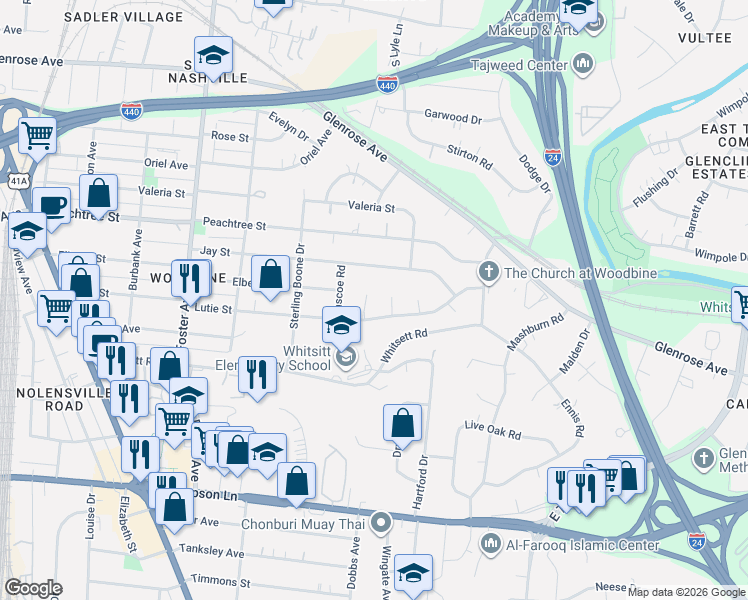 map of restaurants, bars, coffee shops, grocery stores, and more near 28a Lutie Street in Nashville