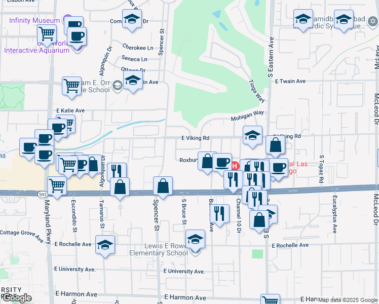 map of restaurants, bars, coffee shops, grocery stores, and more near 1895 Roxford Drive in Las Vegas