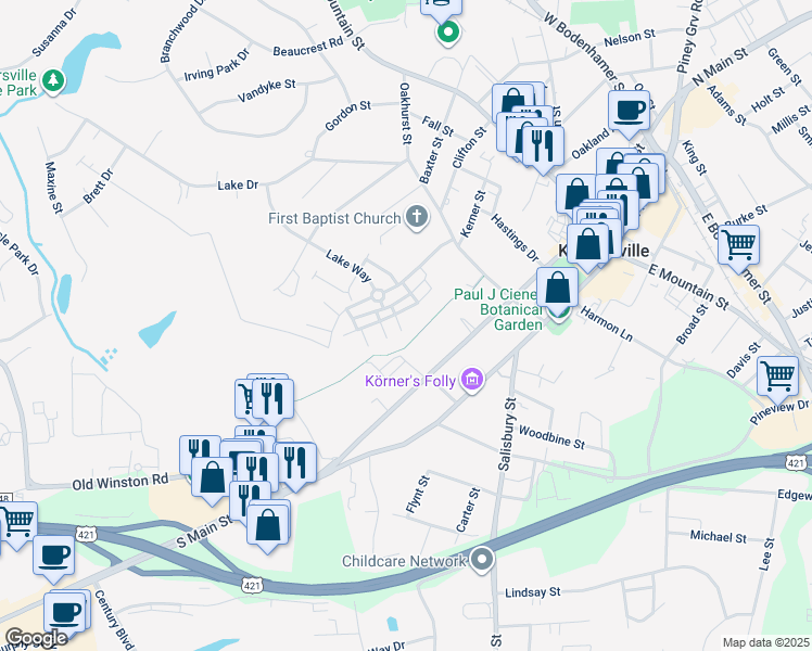 map of restaurants, bars, coffee shops, grocery stores, and more near 208 Richmond Terrace in Kernersville