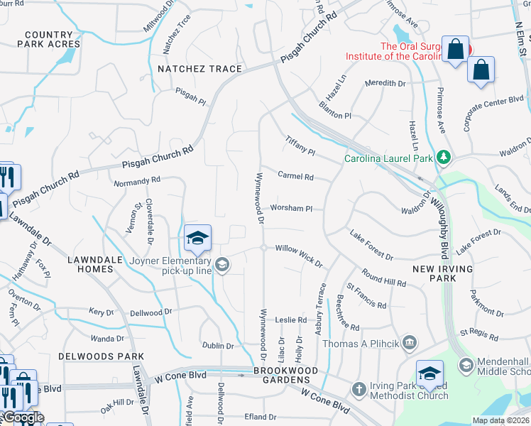map of restaurants, bars, coffee shops, grocery stores, and more near 14 Wynnewood Court in Greensboro