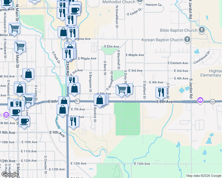 map of restaurants, bars, coffee shops, grocery stores, and more near 1006 East 5th Avenue in Stillwater