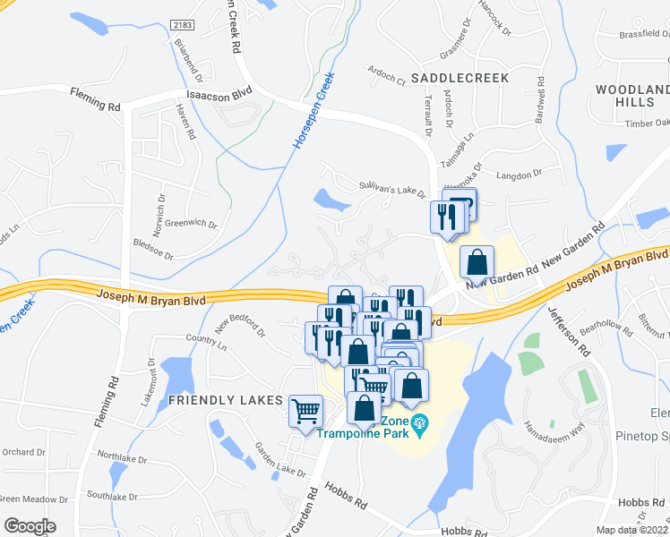 map of restaurants, bars, coffee shops, grocery stores, and more near 4339 Carly's Way in Greensboro