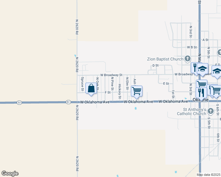 map of restaurants, bars, coffee shops, grocery stores, and more near 201 North Pine Street in Okeene