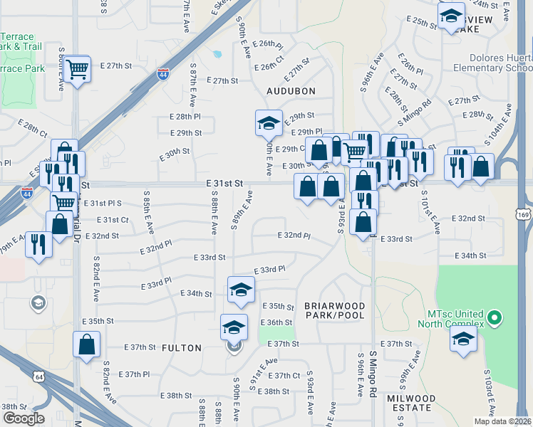 map of restaurants, bars, coffee shops, grocery stores, and more near 9006 East 32nd Street in Tulsa