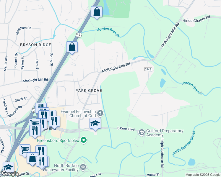 map of restaurants, bars, coffee shops, grocery stores, and more near 2014 McKnight Mill Road in Greensboro