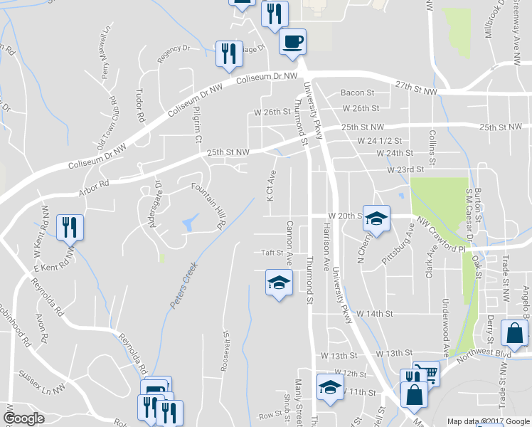 map of restaurants, bars, coffee shops, grocery stores, and more near 1001 West 20th Street in Winston-Salem