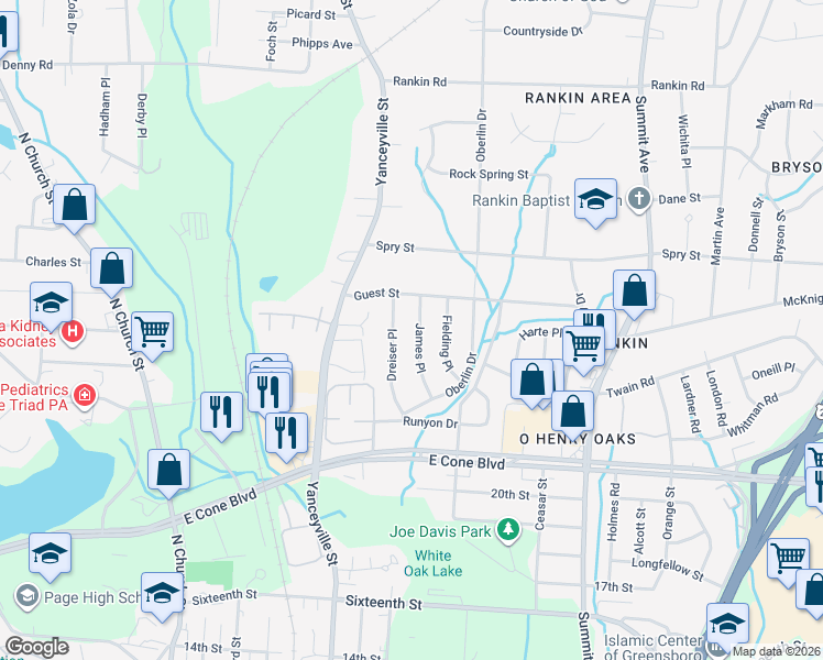 map of restaurants, bars, coffee shops, grocery stores, and more near 3215 James Place in Greensboro