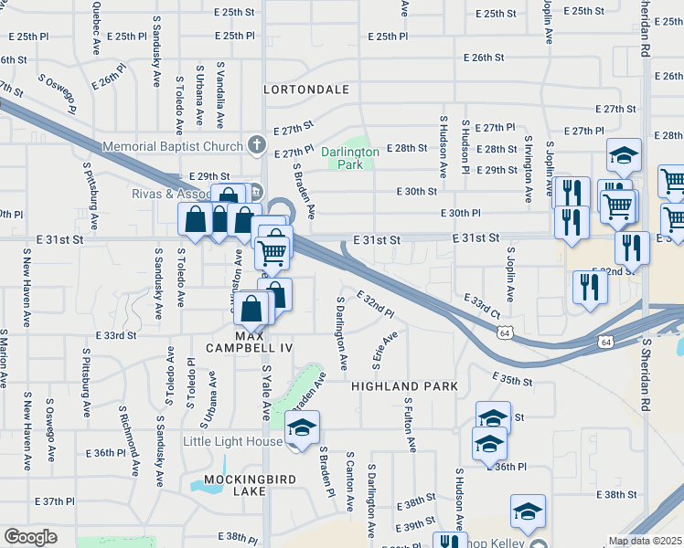 map of restaurants, bars, coffee shops, grocery stores, and more near 5305 East 32nd Place in Tulsa