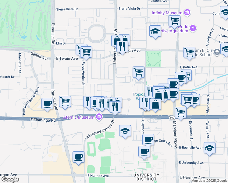 map of restaurants, bars, coffee shops, grocery stores, and more near 3955 South University Center Drive in Las Vegas
