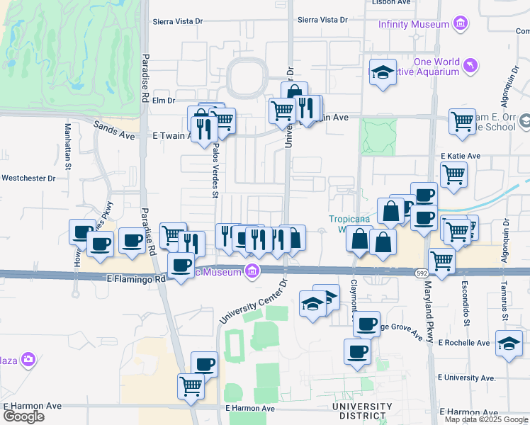 map of restaurants, bars, coffee shops, grocery stores, and more near 3955 South University Center Drive in Las Vegas