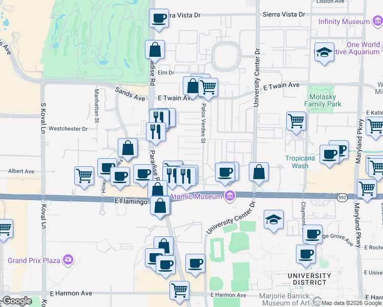 map of restaurants, bars, coffee shops, grocery stores, and more near 496 Albert Avenue in Las Vegas