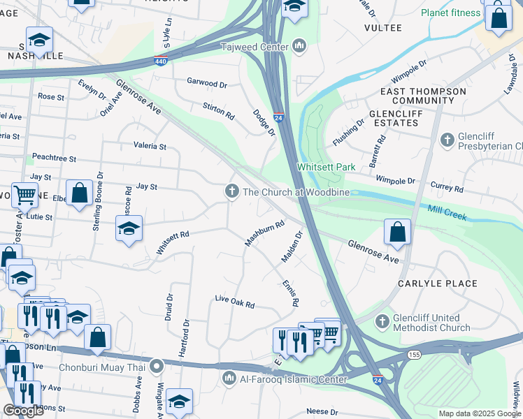 map of restaurants, bars, coffee shops, grocery stores, and more near 2513 Mashburn Road in Nashville