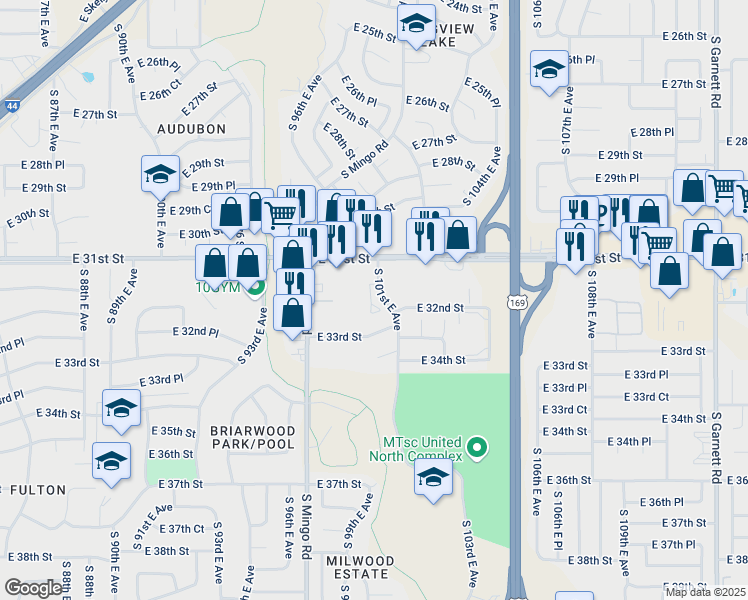 map of restaurants, bars, coffee shops, grocery stores, and more near 9735 East 33rd Street in Tulsa