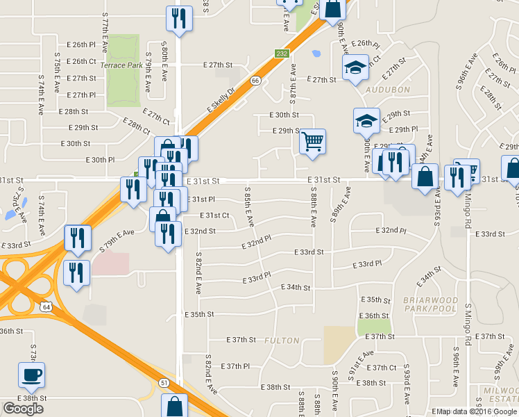 map of restaurants, bars, coffee shops, grocery stores, and more near 8513 East 32nd Street in Tulsa