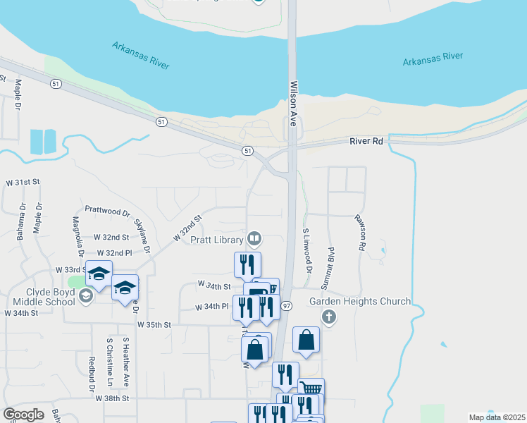 map of restaurants, bars, coffee shops, grocery stores, and more near 3201 South 113th West Avenue in Sand Springs