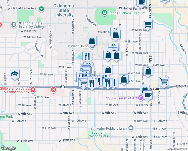 map of restaurants, bars, coffee shops, grocery stores, and more near 419 South Ramsey Street in Stillwater