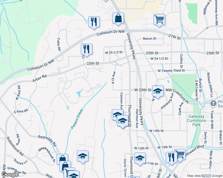 map of restaurants, bars, coffee shops, grocery stores, and more near 1001 West 20th Street in Winston-Salem