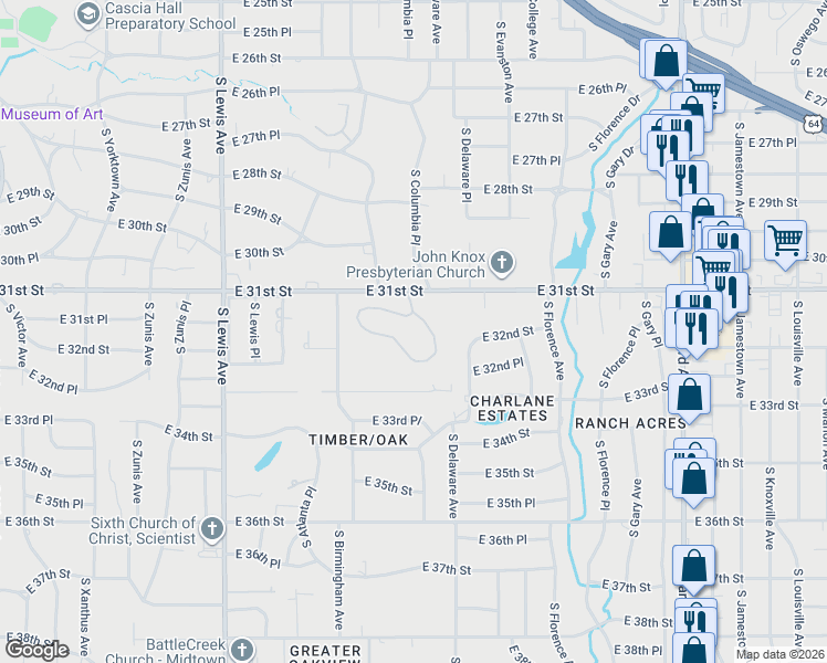 map of restaurants, bars, coffee shops, grocery stores, and more near 3124 South Columbia Circle in Tulsa