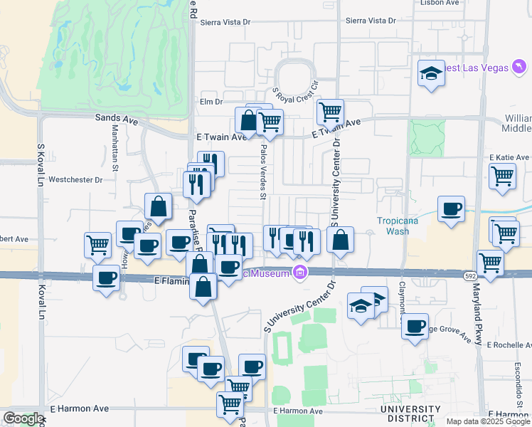 map of restaurants, bars, coffee shops, grocery stores, and more near 3952 Palos Verdes Street in Las Vegas