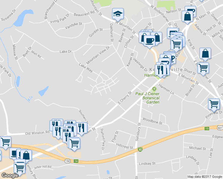 map of restaurants, bars, coffee shops, grocery stores, and more near 208 Richmond Terrace in Kernersville