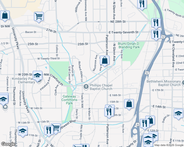 map of restaurants, bars, coffee shops, grocery stores, and more near 101-199 Glenn Avenue Northeast in Winston-Salem