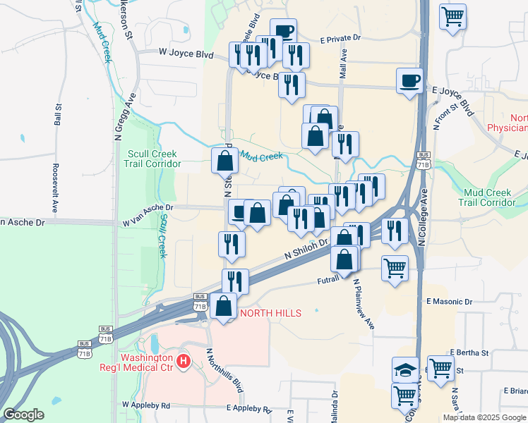 map of restaurants, bars, coffee shops, grocery stores, and more near 89 Van Asche Drive in Fayetteville