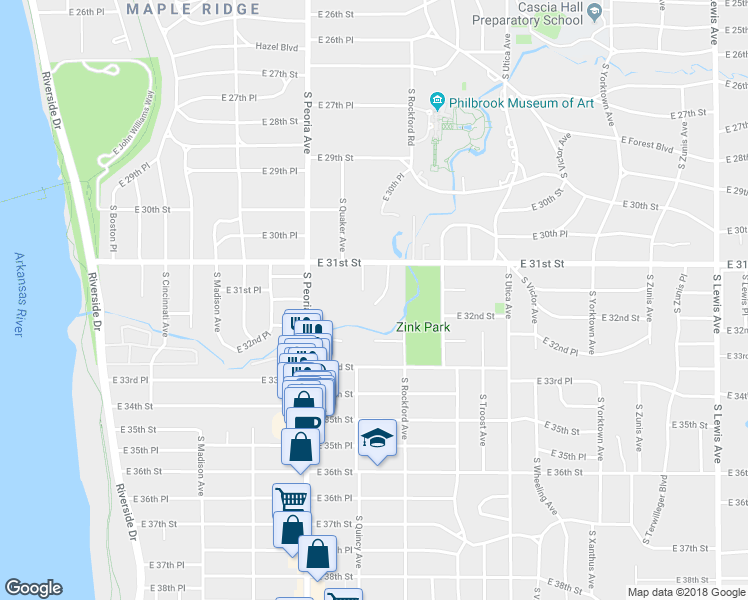 map of restaurants, bars, coffee shops, grocery stores, and more near 3144 South Rockford Drive in Tulsa