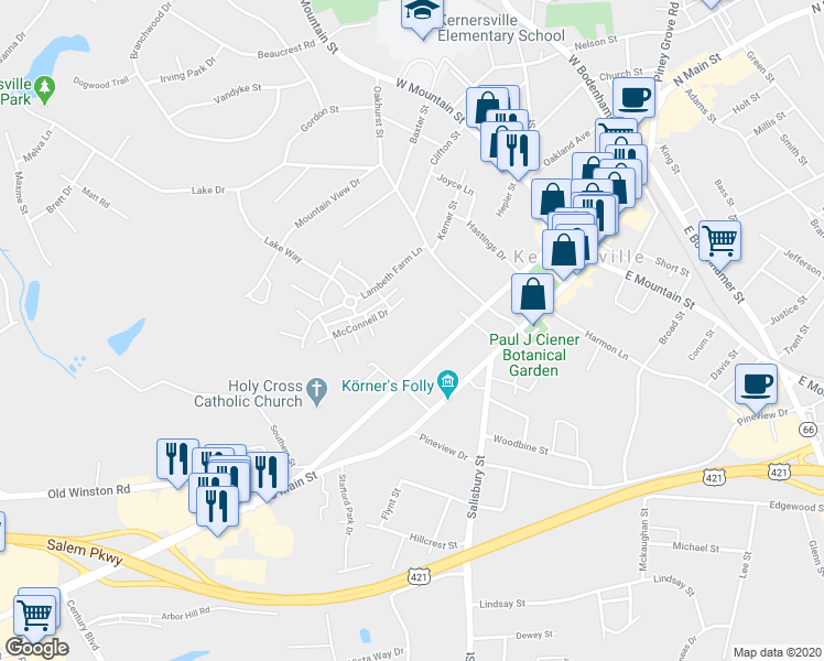 map of restaurants, bars, coffee shops, grocery stores, and more near 362 South Cherry Street in Kernersville
