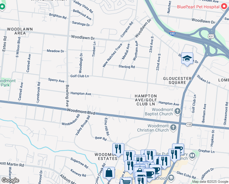 map of restaurants, bars, coffee shops, grocery stores, and more near 3422 Hampton Avenue in Nashville
