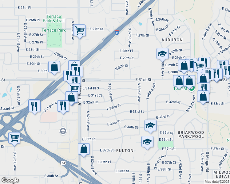 map of restaurants, bars, coffee shops, grocery stores, and more near 8513 East 32nd Street in Tulsa