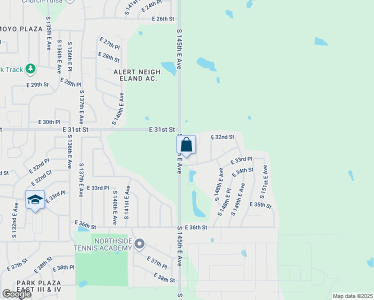 map of restaurants, bars, coffee shops, grocery stores, and more near 3121 South 145th East Avenue in Tulsa