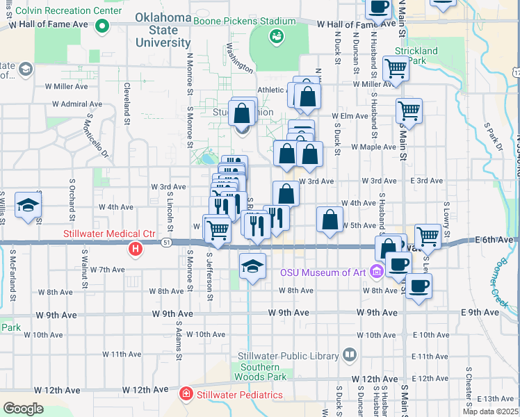 map of restaurants, bars, coffee shops, grocery stores, and more near 713 West 4th Avenue in Stillwater