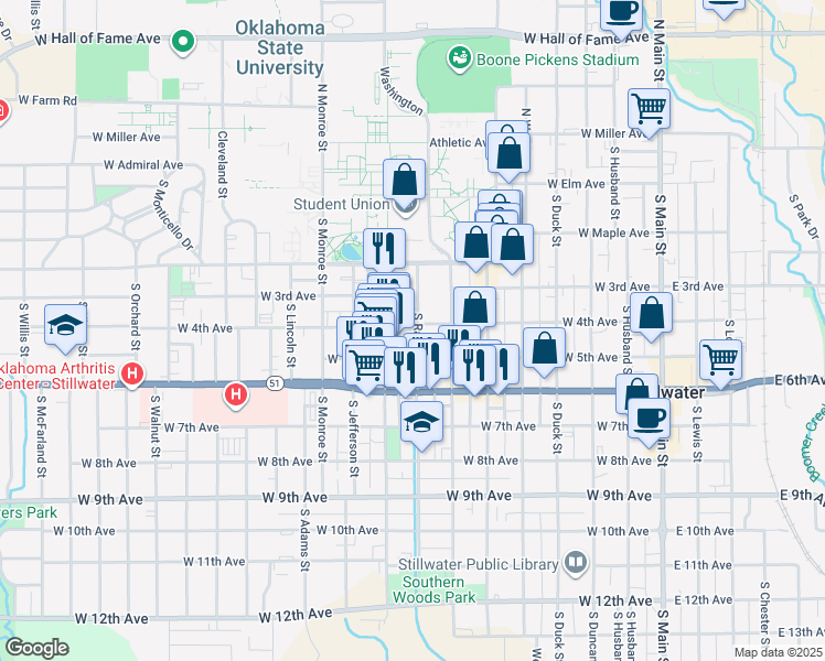 map of restaurants, bars, coffee shops, grocery stores, and more near 801 West 4th Avenue in Stillwater