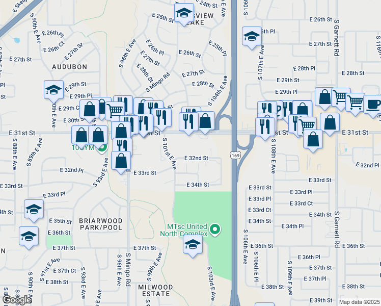 map of restaurants, bars, coffee shops, grocery stores, and more near 10149 East 32nd Street in Tulsa