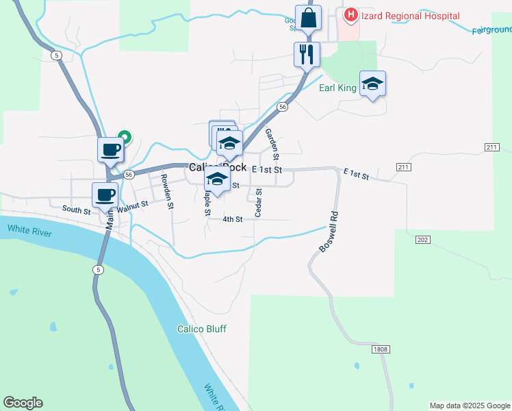 map of restaurants, bars, coffee shops, grocery stores, and more near 80 Cedar Street in Calico Rock