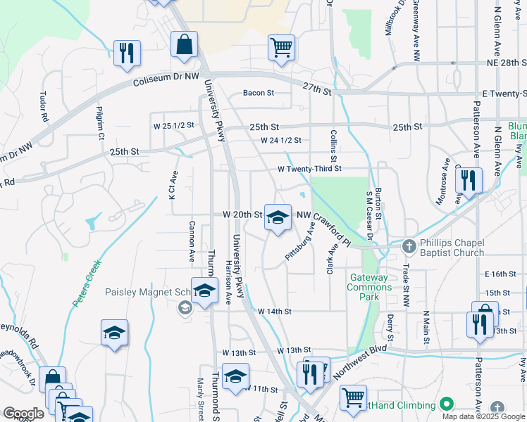 map of restaurants, bars, coffee shops, grocery stores, and more near 515 West 20th Street in Winston-Salem