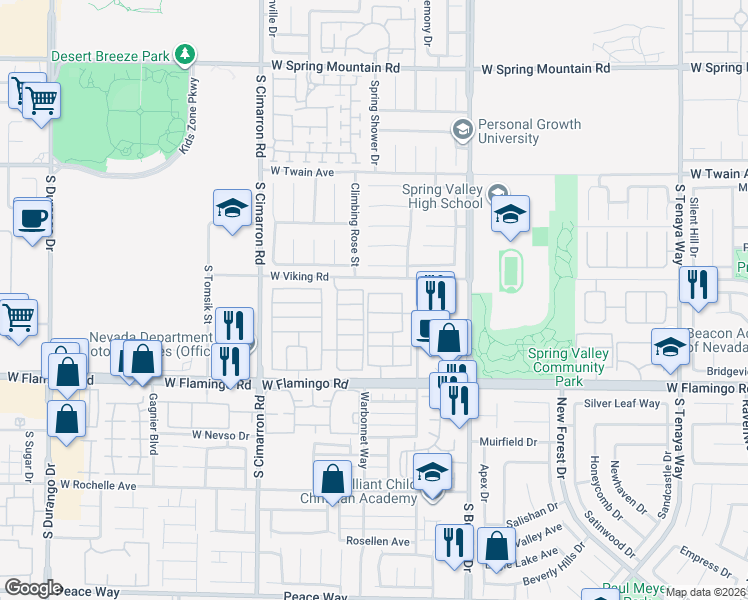 map of restaurants, bars, coffee shops, grocery stores, and more near 7950 West Flamingo Road in Las Vegas