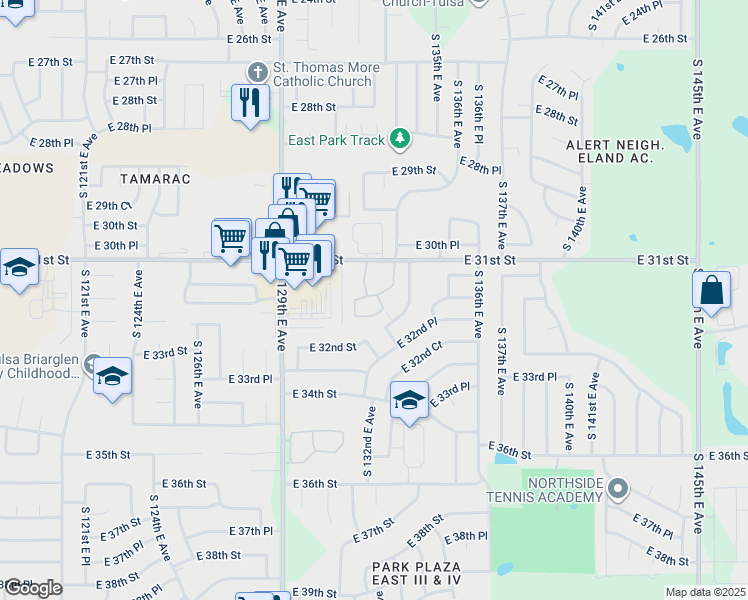 map of restaurants, bars, coffee shops, grocery stores, and more near 3166 South 133rd East Avenue in Tulsa