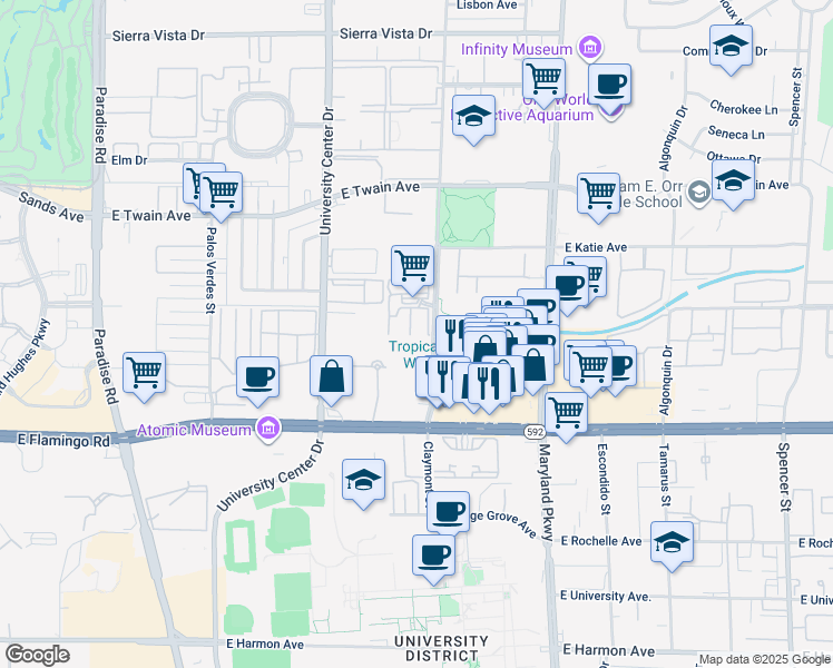 map of restaurants, bars, coffee shops, grocery stores, and more near 3925 Cambridge Street in Las Vegas