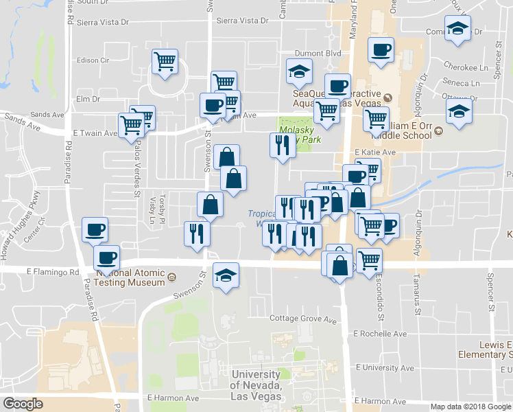 map of restaurants, bars, coffee shops, grocery stores, and more near 3927 Cambridge Street in Las Vegas