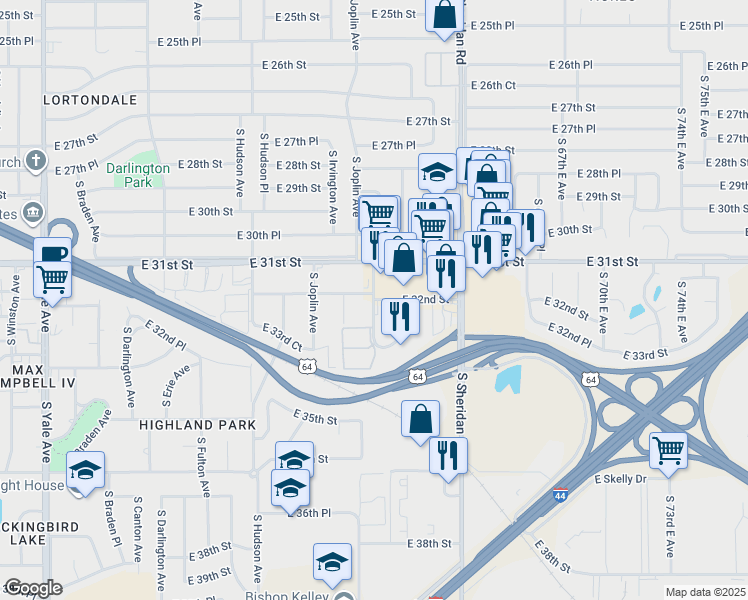 map of restaurants, bars, coffee shops, grocery stores, and more near 3226 South Lakewood Avenue in Tulsa
