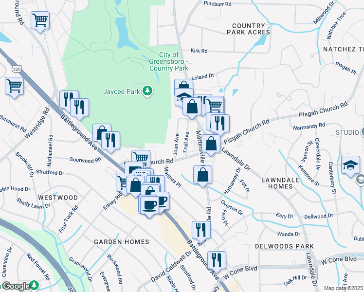 map of restaurants, bars, coffee shops, grocery stores, and more near 2302 Pisgah Church Road in Greensboro