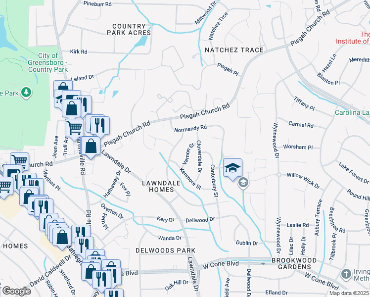 map of restaurants, bars, coffee shops, grocery stores, and more near 3509 Vernon Street in Greensboro