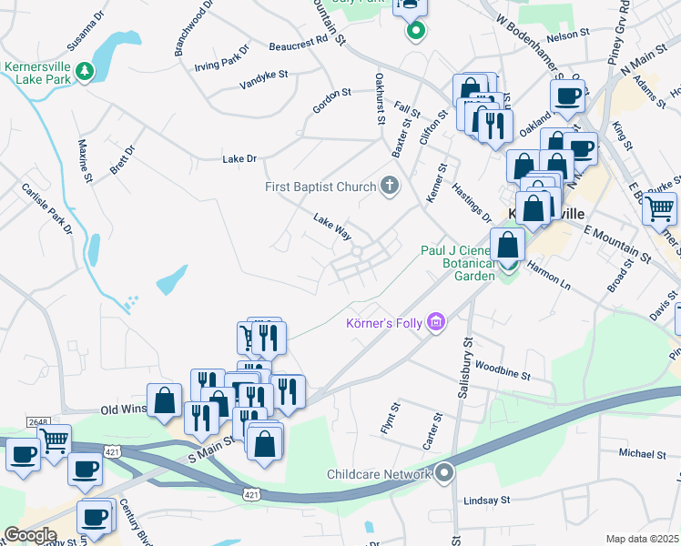 map of restaurants, bars, coffee shops, grocery stores, and more near 7312 McConnell Drive in Kernersville